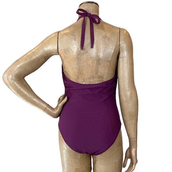 One-Piece Halter Neck Ruched Swimsuit Sz L Plum-Purple 254D - Picture 4 of 6